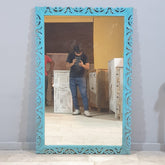 Indian Handcrafted Floral Carved Solid Wood Mirror Frame 93X142 CM Blue